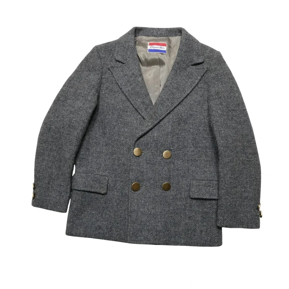 Vintage Elegant Heir Wool Blend Pea Coat Boys Size 8 Gray Double Breasted